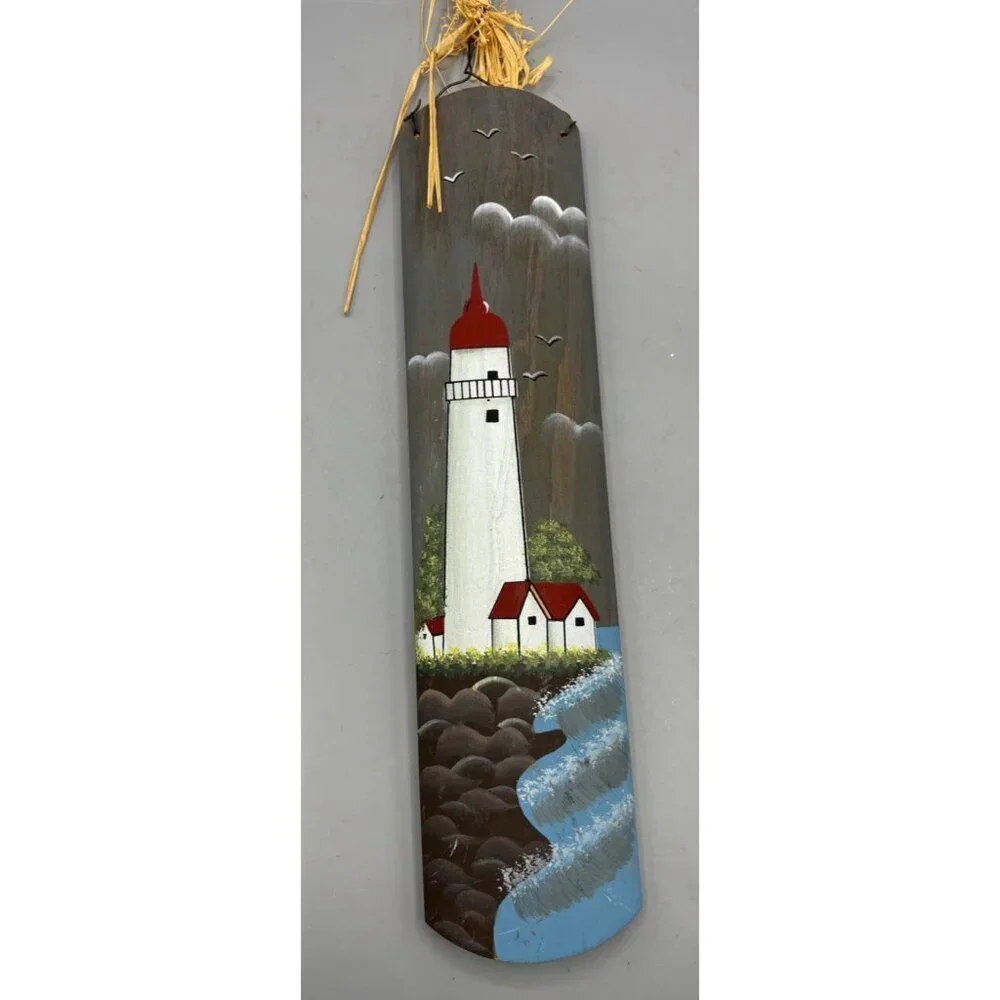 Hand Painted Wooden Lighthouse Coastal Wall Decor With Seagulls & Beach‎ Scene